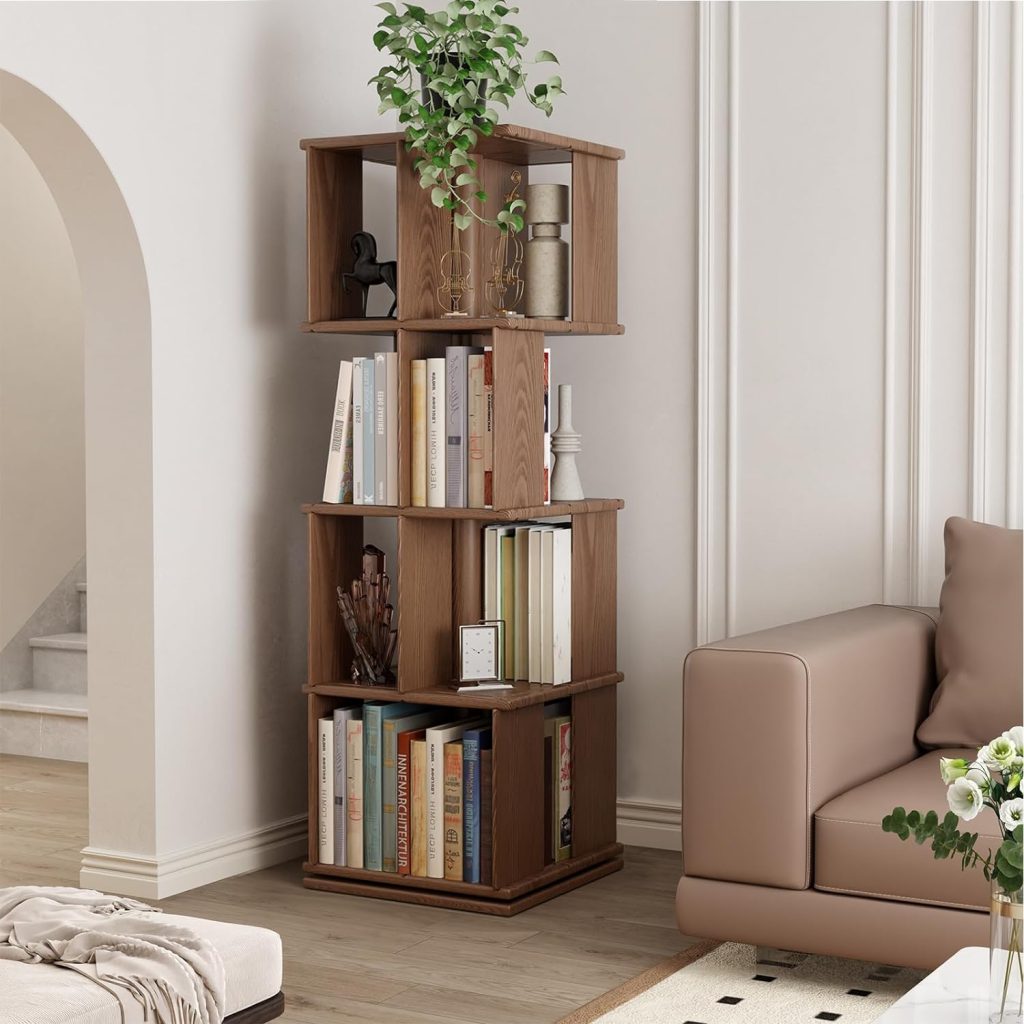 Solid Wood Rotating Bookshelf - DIY Free Combinable - 4 Tier Floor Stackable Spinning Bookshelf Tower - Walnut