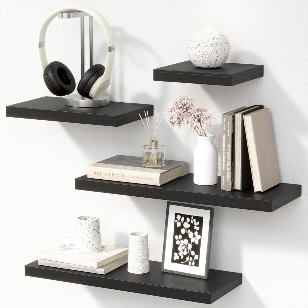 Black Floating Shelves with Invisible Bracket - Rustic Wood Wall Mounted Shelves Set of 4