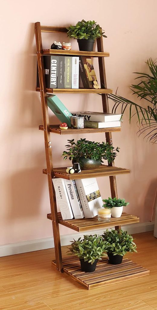 HYNAWIN 6 Tier Bookshelf Ladder Shelf - Large Bamboo Storage Shelves for Home and Office