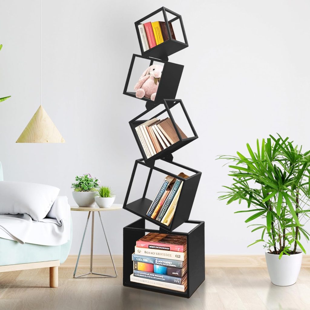 Modern Bookshelf 67" Tall | Black Geometric Bookcase | Metal Construction