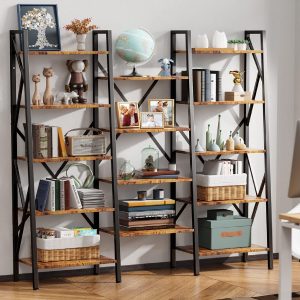 Gizoon Modern Triple Wide 5 Tiers Bookshelf with Storage - Retro Industrial Style | Airiva