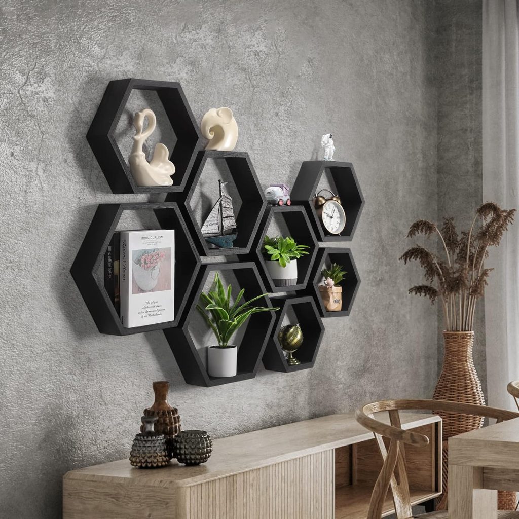 CADUKE Hexagonal Wall Shelves - Set of 8 Honeycomb Wood Shelves | Black