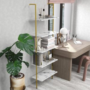 5-Tier Ladder Shelf White Marble Bookshelf with Wood Rack and Metal Frame | Cavoba Home